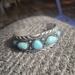 Silver Cuff Bracelet with Turquoise Stones - Women Jewelry